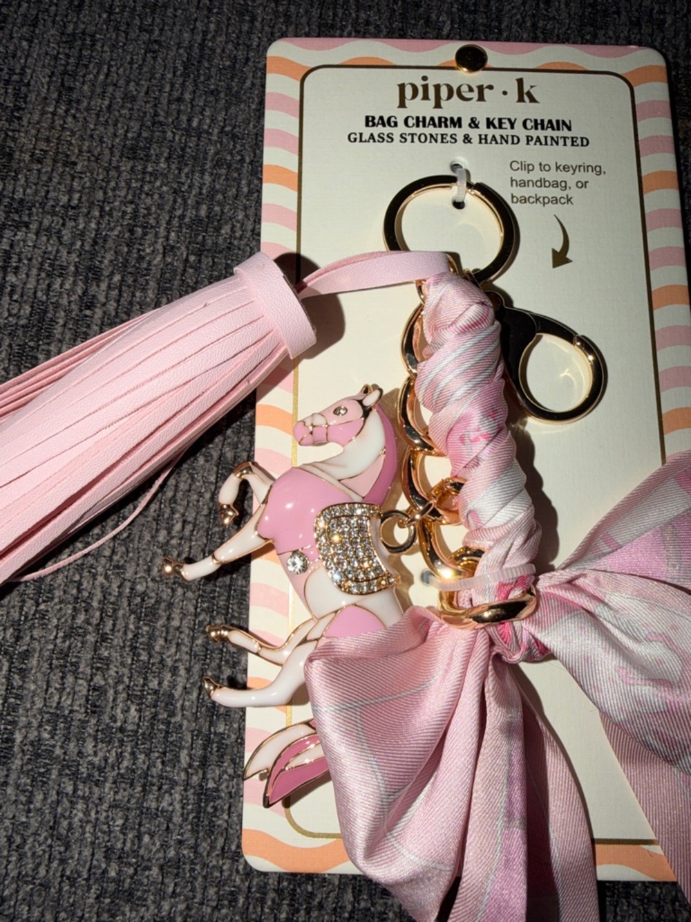 nipper.k Pink Horse Charm Keychain with Tassel and Bow Scarf - Picture 3 of 3